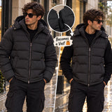 Man in the black puffer shown as a full jacket and as a sleeveless vest over a black jumper
