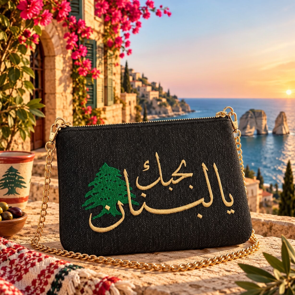 Handmade black pouch with gold Arabic I love you Lebanon embroidery and a green cedar, with the Lebanese flag behind