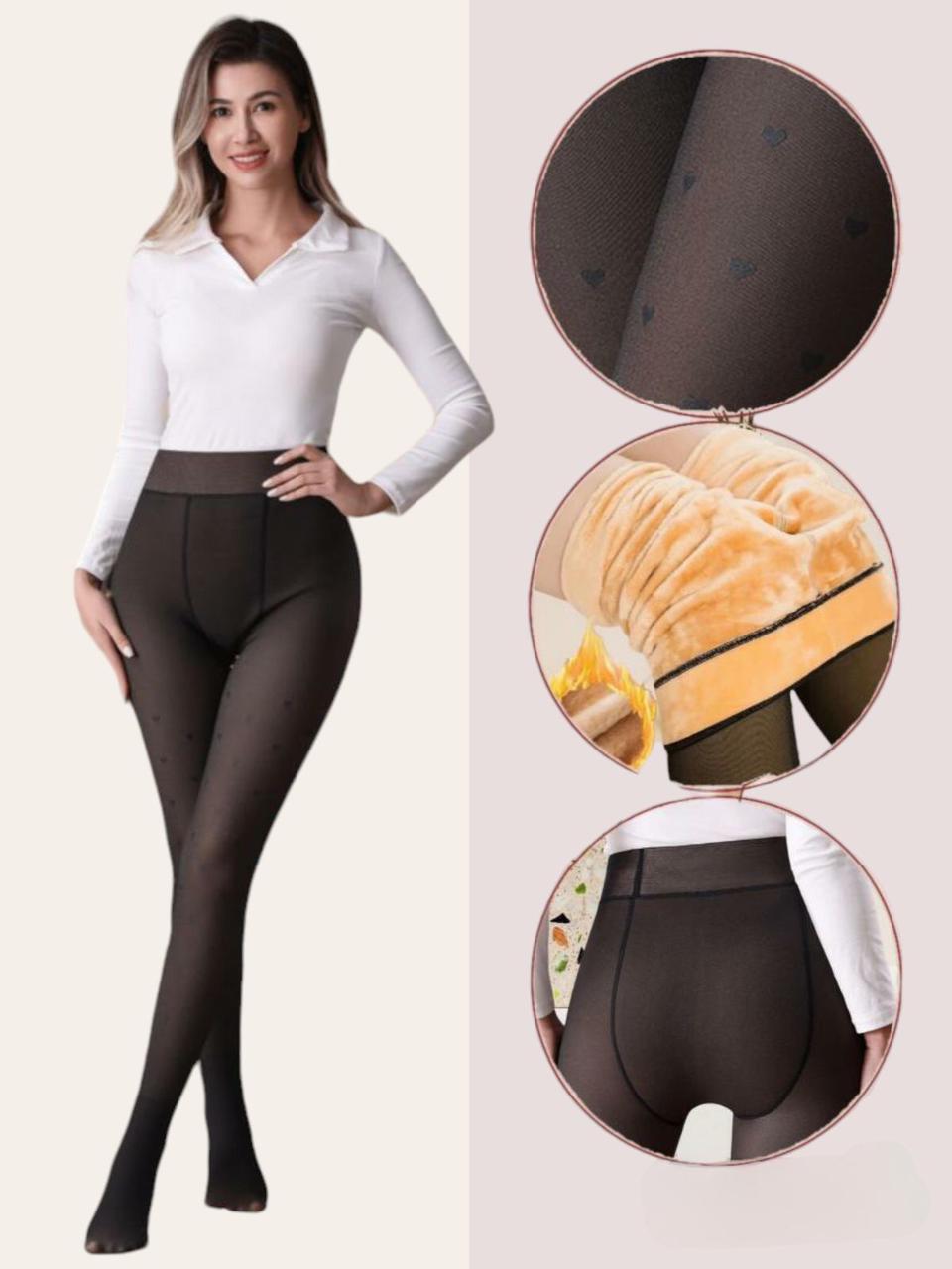 Woman in a white top wearing high waist thermal tights, with close views of the fabric