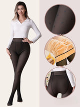 Woman in a white top wearing high waist thermal tights, with close views of the fabric