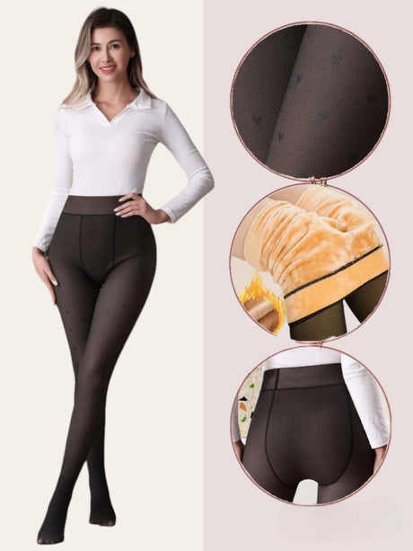 Collage of images showing fleece-lined black tights with high-waist design suitable for cold weather