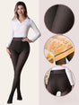 Woman in a white top wearing high waist thermal tights, with close views of the fabric