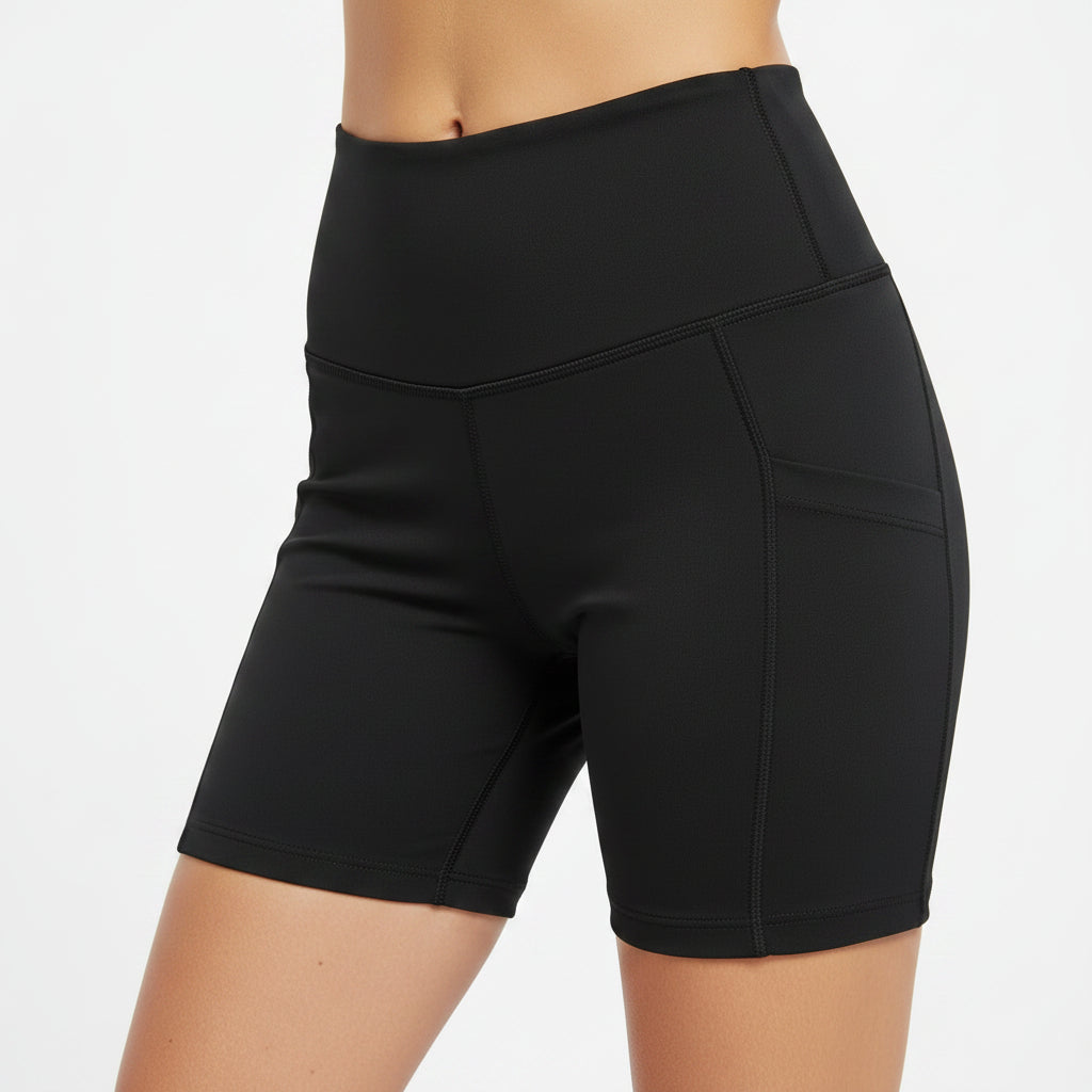 Woman wearing black athletic biker shorts against a white background