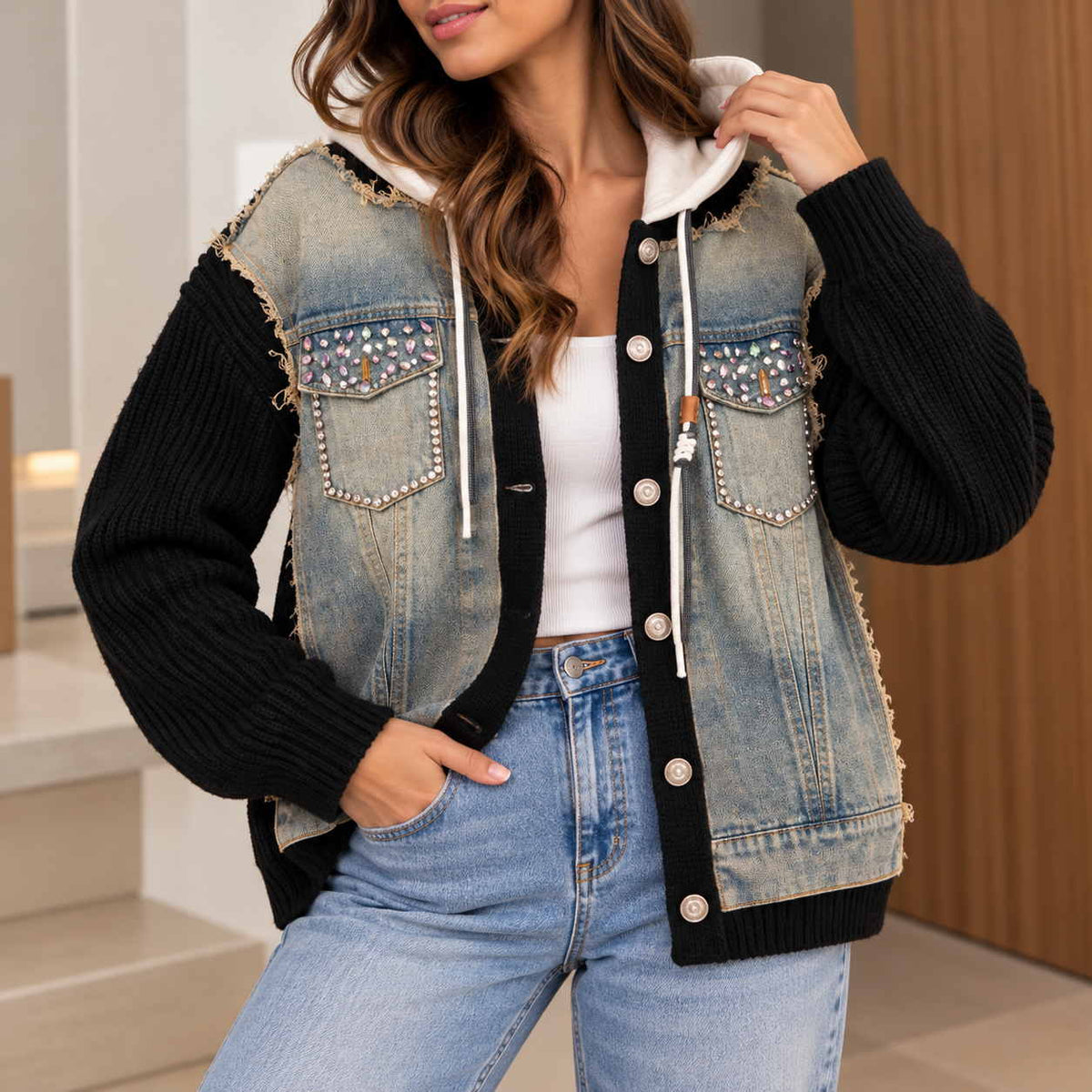 Washed denim jacket with black rib knit sleeves, gem studded pockets and a white hood, worn open over a white top