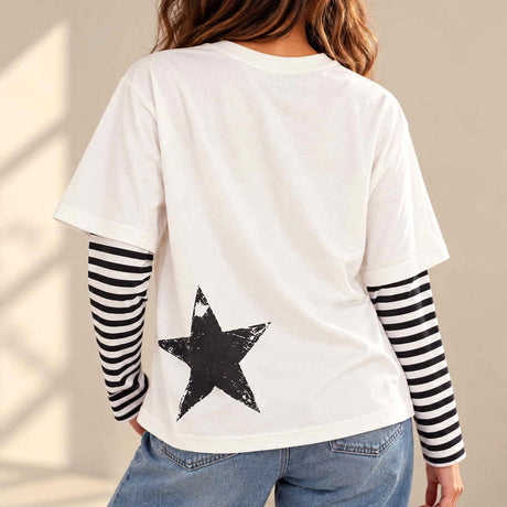 Back of the white tee with a distressed black star print and black striped sleeves