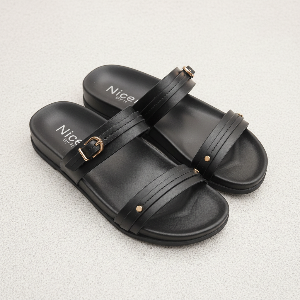 Black sandals with 'Nice' branding on a light gray background