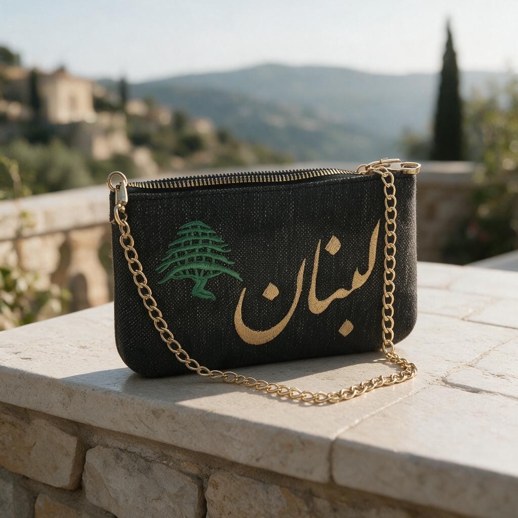 Black pouch resting on a stone balustrade, gold calligraphy beside a cedar, cypress tree and mountains in the distance