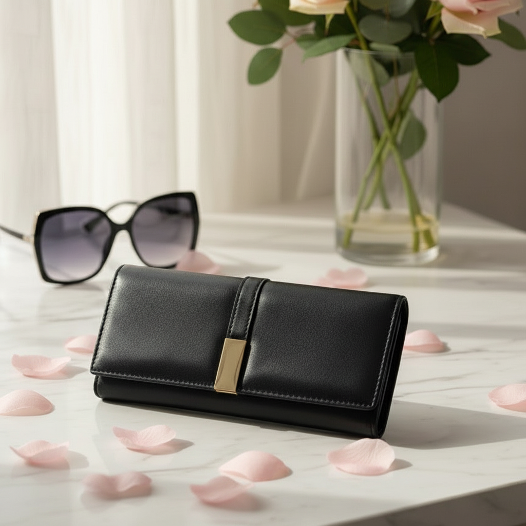 Black wallet with gold accent on a surface with sunglasses and flowers in the background