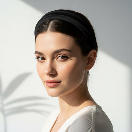 Black matte headband worn with hair swept back off the face