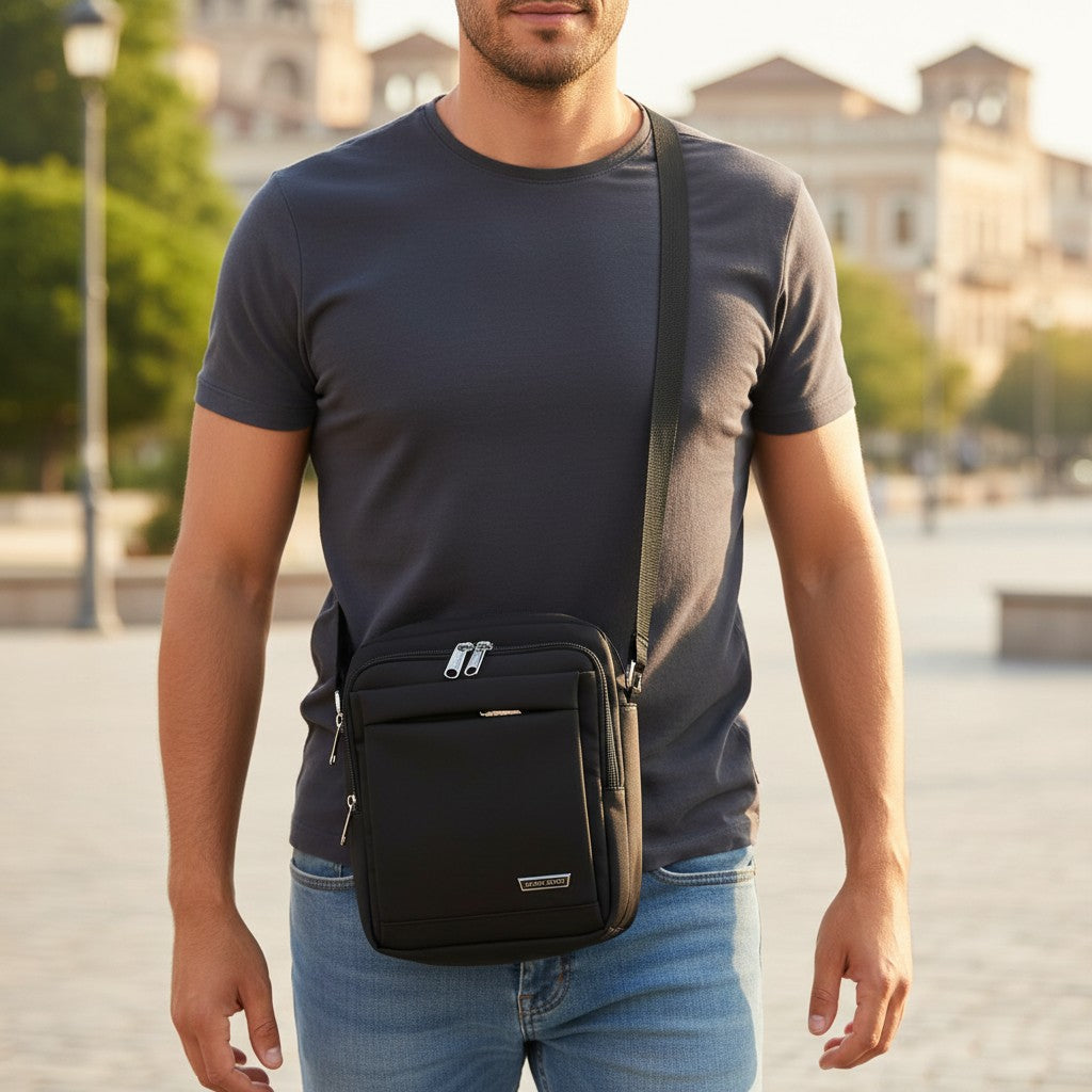 Men's black messenger crossbody bag worn over the shoulder, Jack Gifts Online Lebanon