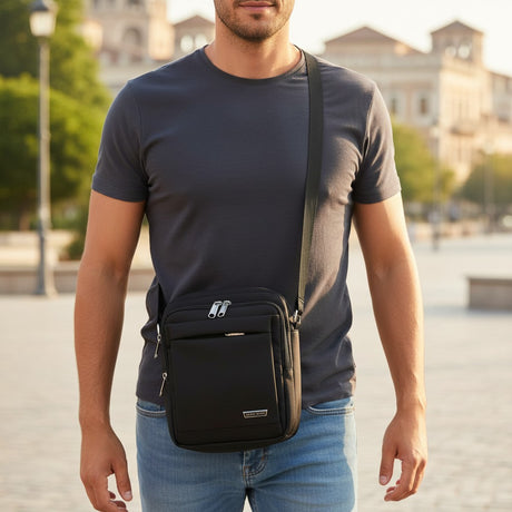 Men's black messenger crossbody bag worn over the shoulder, Jack Gifts Online Lebanon