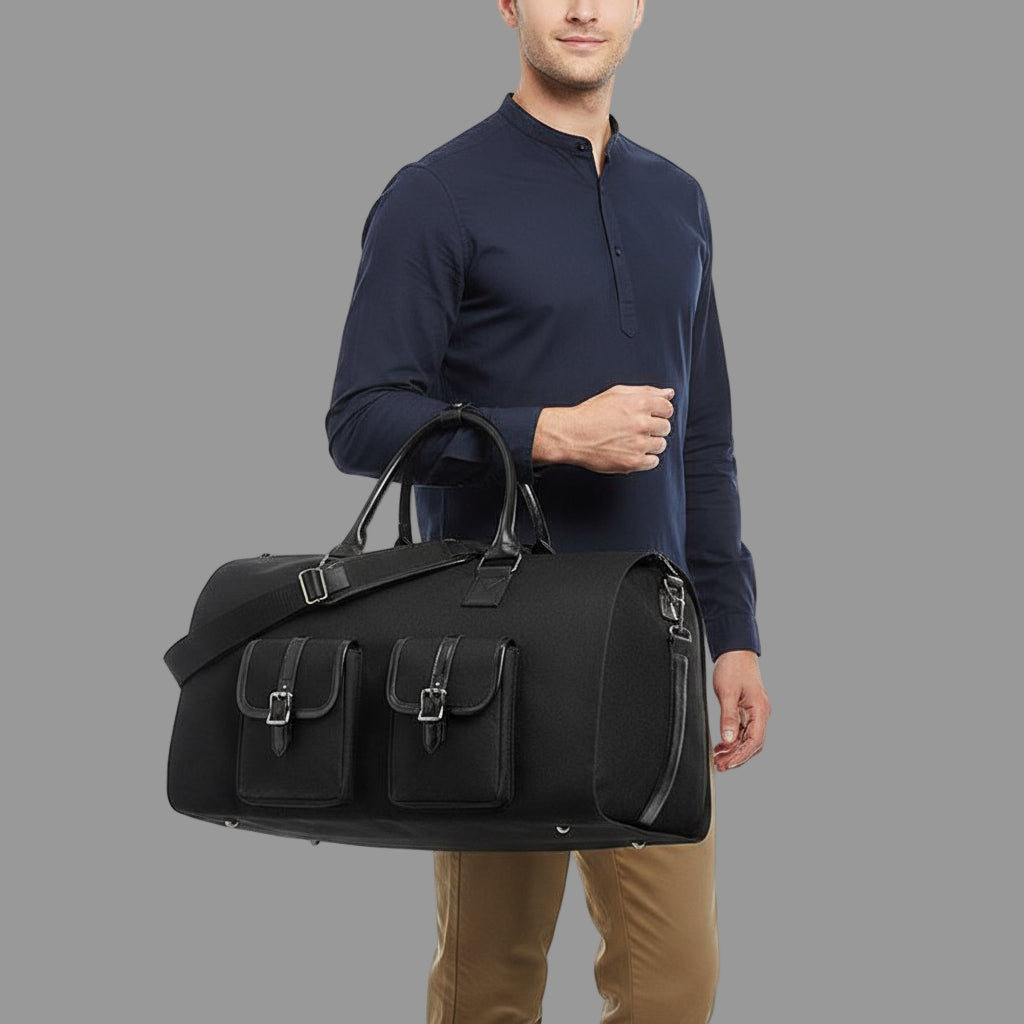 Men's black duffle bag with carry handles, gym and travel bag