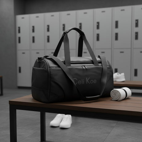 Men's black duffle bag with carry handles, gym and travel bag