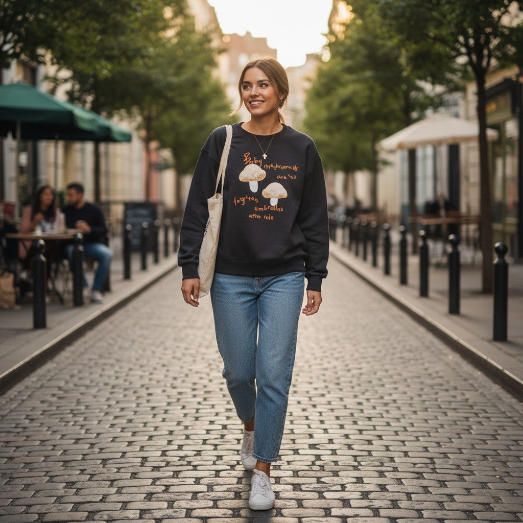 Woman wearing a black sweatshirt with oatmeal embroidered mushrooms and orange lettering