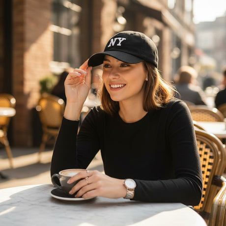 Woman wearing a black embroidered cap at an outdoor cafe with coffee