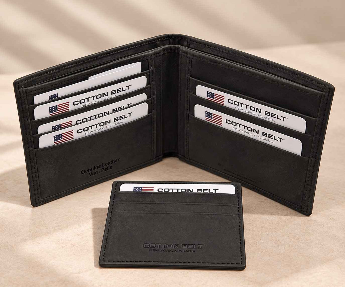 Matte black wallet standing open behind its separate card sleeve