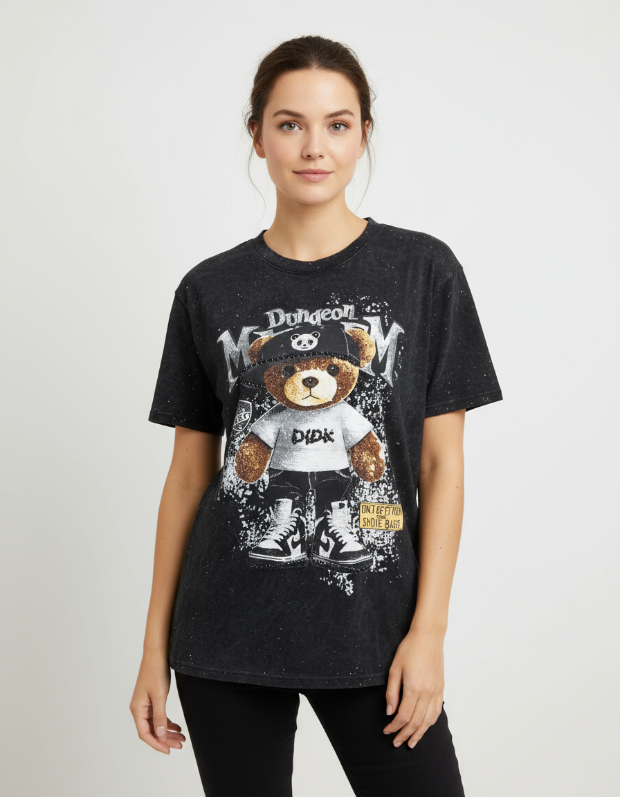 Person wearing a black tshirt with a graphic design of a bear and text on a white background