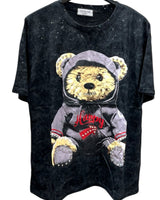 Oversized black tshirt with a graphic of a hooded teddy bear wearing a hoodie with the text 'HAPPY' on the front