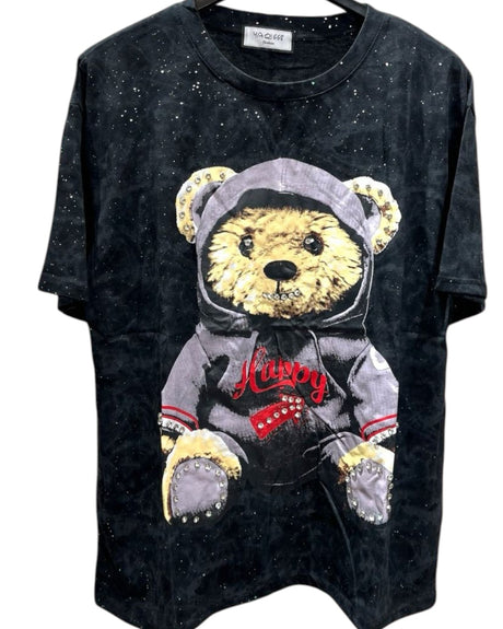 Oversized black tshirt with a graphic of a hooded teddy bear wearing a hoodie with the text 'HAPPY' on the front