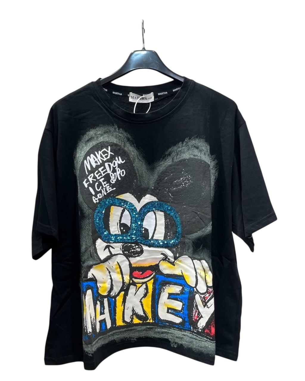 Black tshirt with cartoon character graphic of Mickey Mouse on a hanger