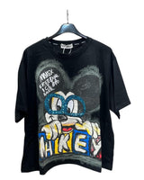 Black tshirt with cartoon character graphic of Mickey Mouse on a hanger