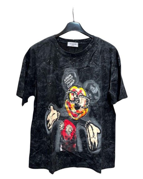 Oversized black tshirt with graphic design of Mickey Mouse wearing glasses on a hanger