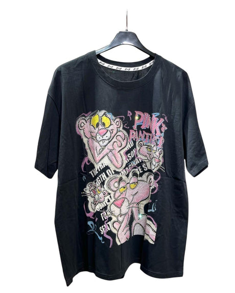 Black tshirt with colorful graphic design of Pink Panther on a hanger against a white background