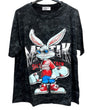 Black oversized tshirt with a graphic print of a stylized rabbit wearing a red shirt and holding a skateboard