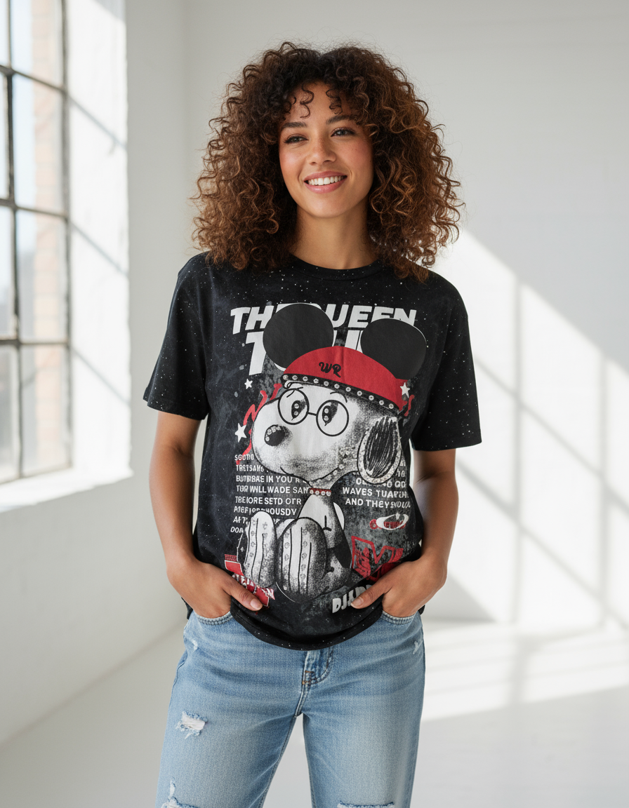 Woman wearing a black tshirt with a graphic design of a dog wearing a red bandana and sunglasses