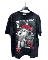 A black oversized tshirt featuring a graphic print of snoopy wearing a red hat 