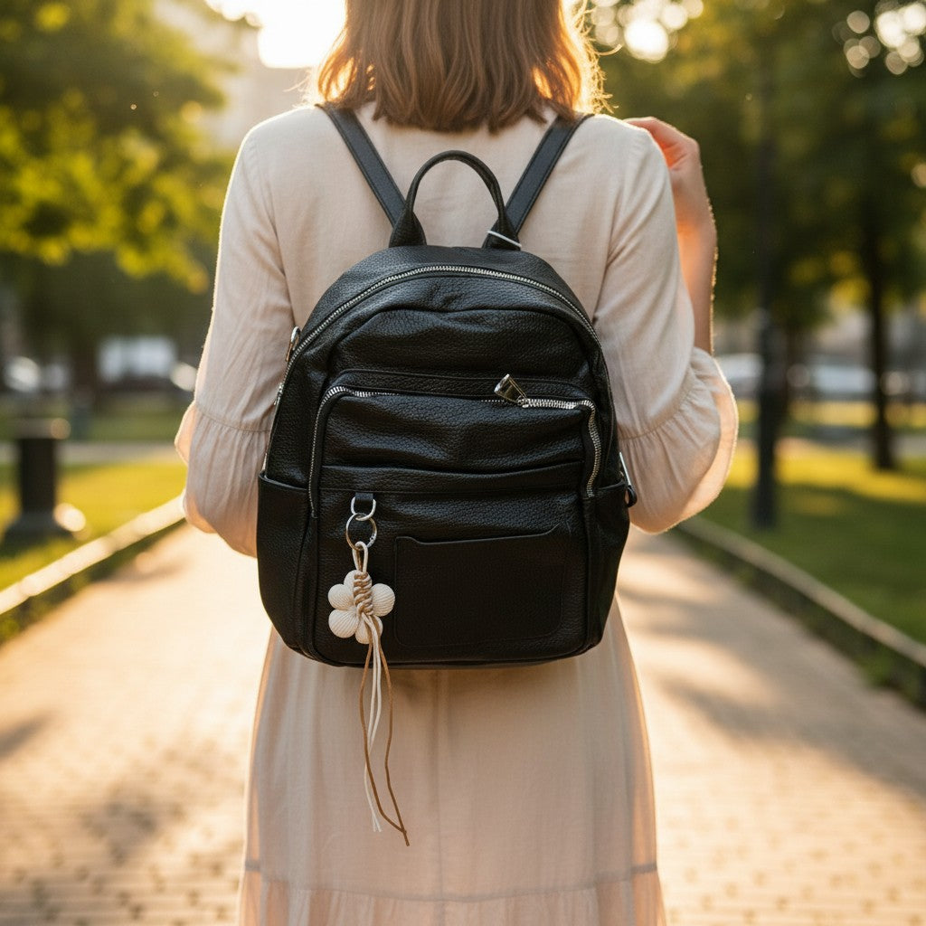 Black pebbled leather backpack with white woven flower charm, Jack Gifts Online Lebanon