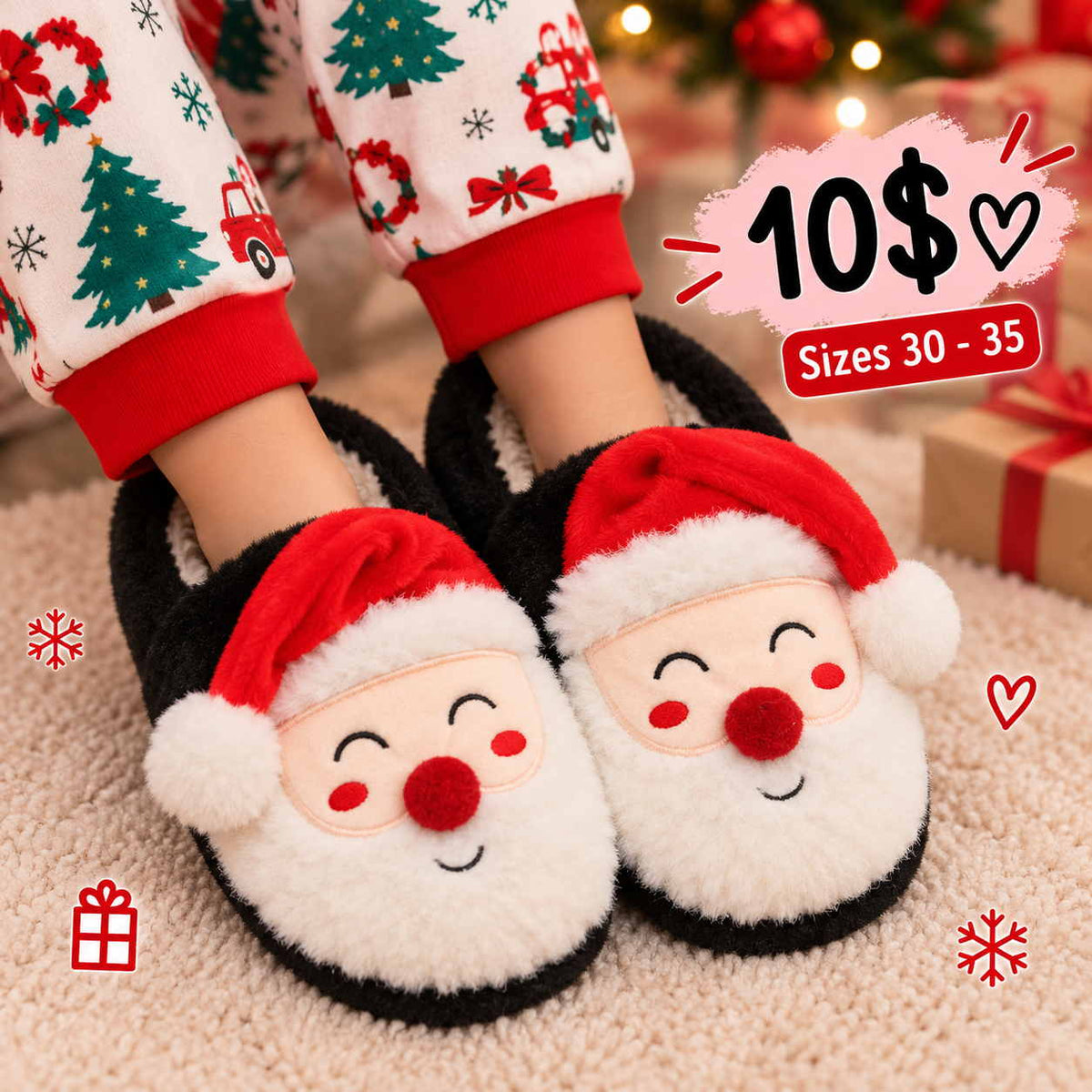 Kids black fluffy slippers with a white Santa beard, red pom pom nose and red hat on a cream rug