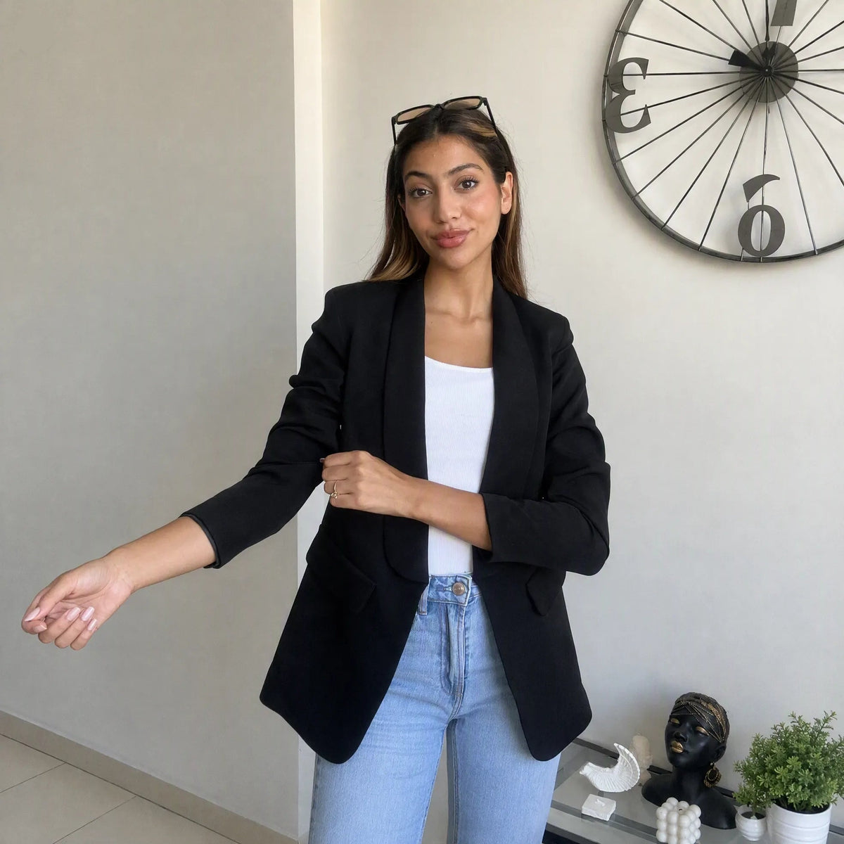 Women's black longline blazer, open front with a slim shoulder and hip length cut
