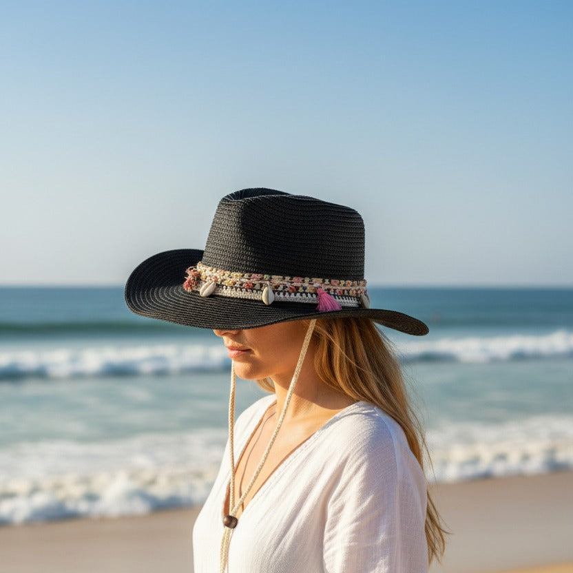 Woman on the beach in a black straw cowboy hat with a shell and tassel band and a beaded chin cord