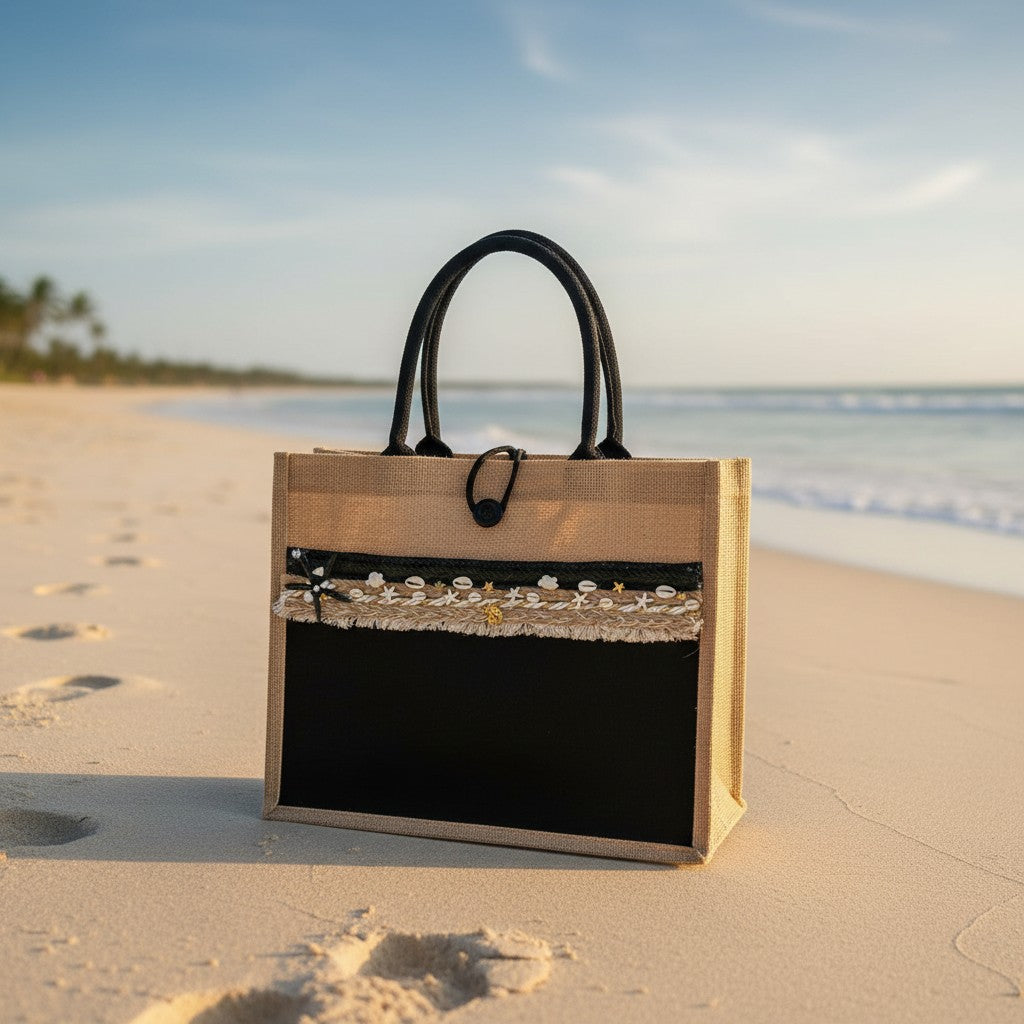 Handmade black and jute beach tote with seashell trim on the sand, Jack Gifts Online Lebanon