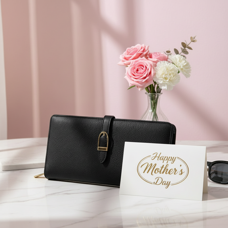 Black sleek style wallet with a 'Happy Mother's Day' card and pink roses on a light surface