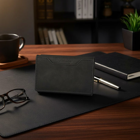 Black leather wallet, glasses, and pen on a wooden desk with a blurred background