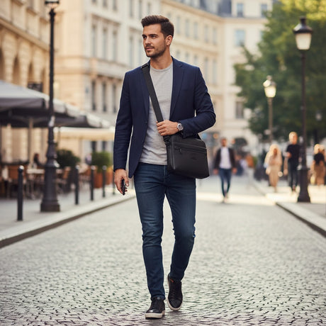 Man walking down a city street wearing a blue blazer and jeans, carrying a black sling bag