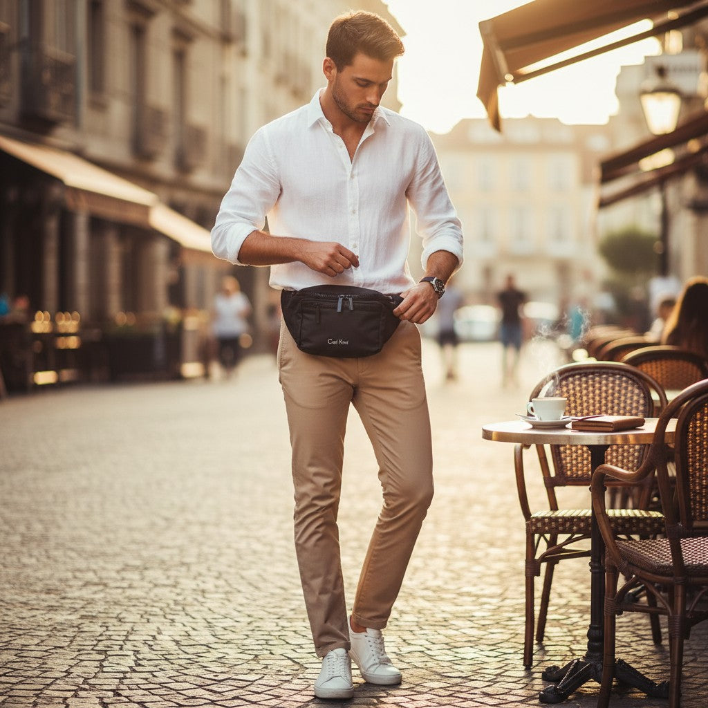 Man in a white shirt and beige pants wearing a black sling pack standing on a street