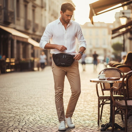 Man in a white shirt and beige pants wearing a black sling pack standing on a street
