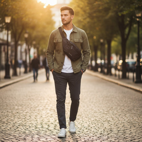 Man walking wearing a black sling pack on a cobblestone street with trees and blurred background