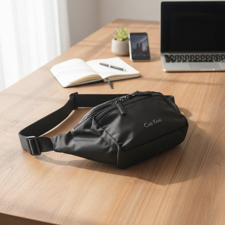 Black waist bag on a wooden desk with a laptop, phone, and notebook in the background