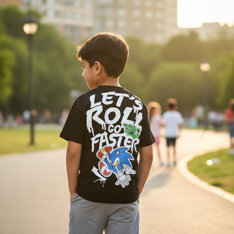 Black Sonic print tee with grey matching shorts for boys