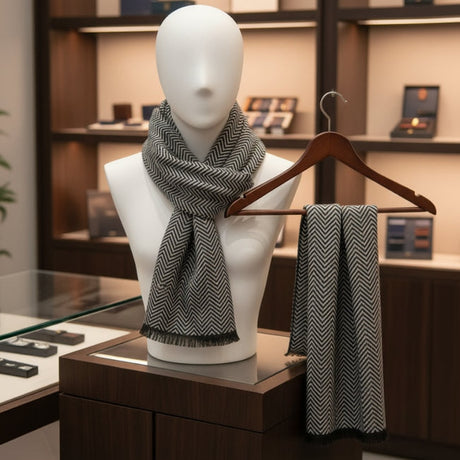 Mannequin wearing a black and grey scarf with a matching hanged scarf in a store setting