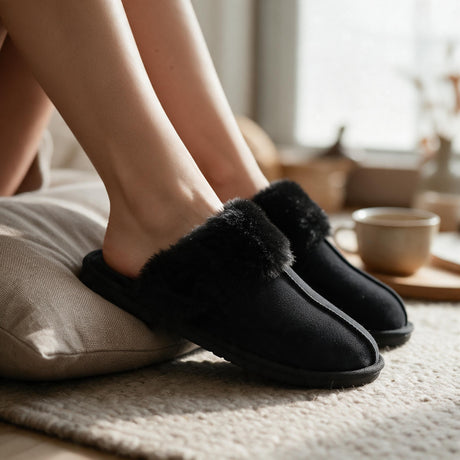 Woman resting her feet on a cushion in black suede look slippers with black fur collars