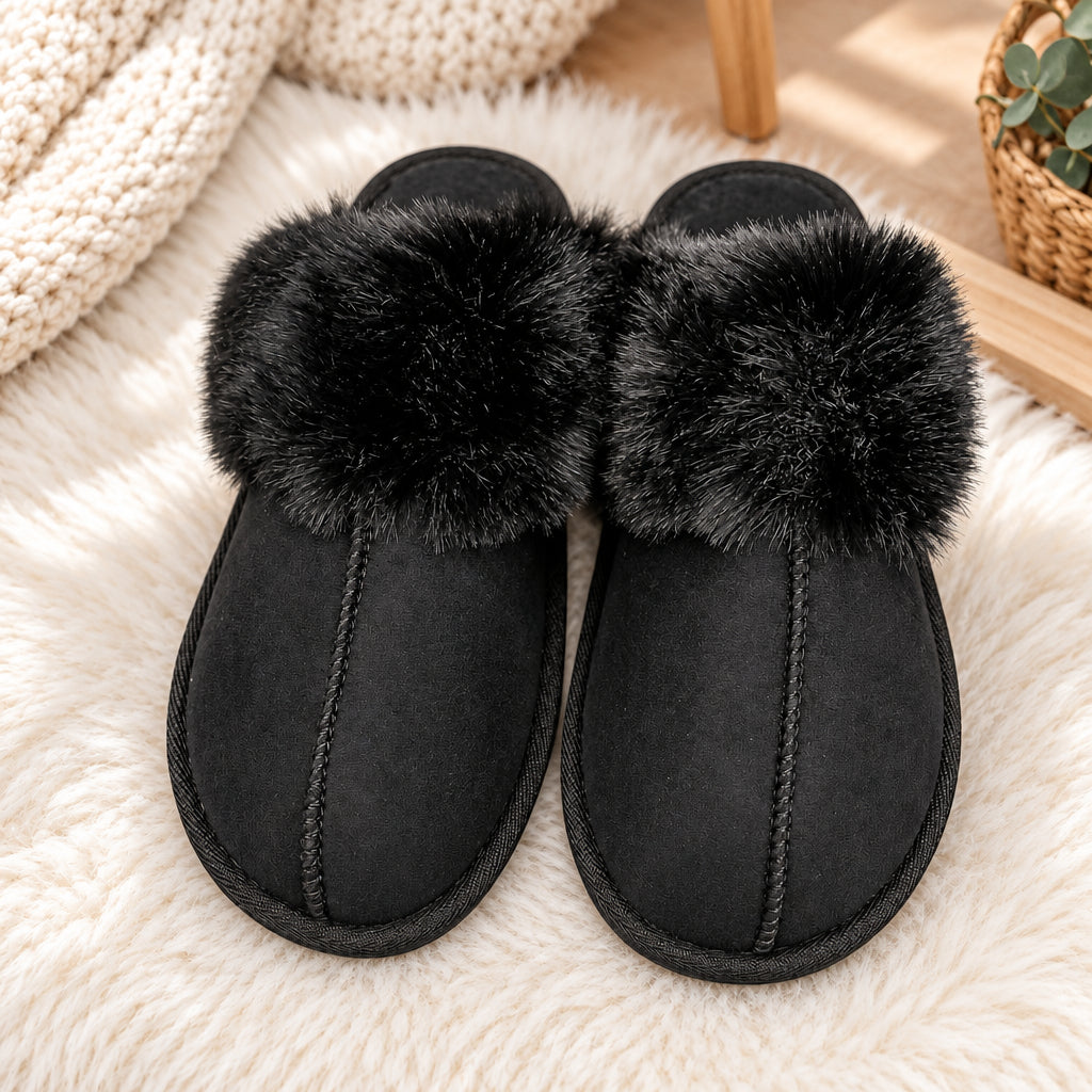 Black suede look slippers with a fluffy black fur collar and stitched seam on a cream rug