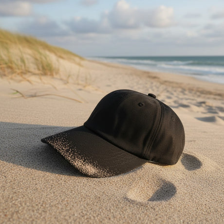 Black cotton summer cap resting on rippled sand near beach grass