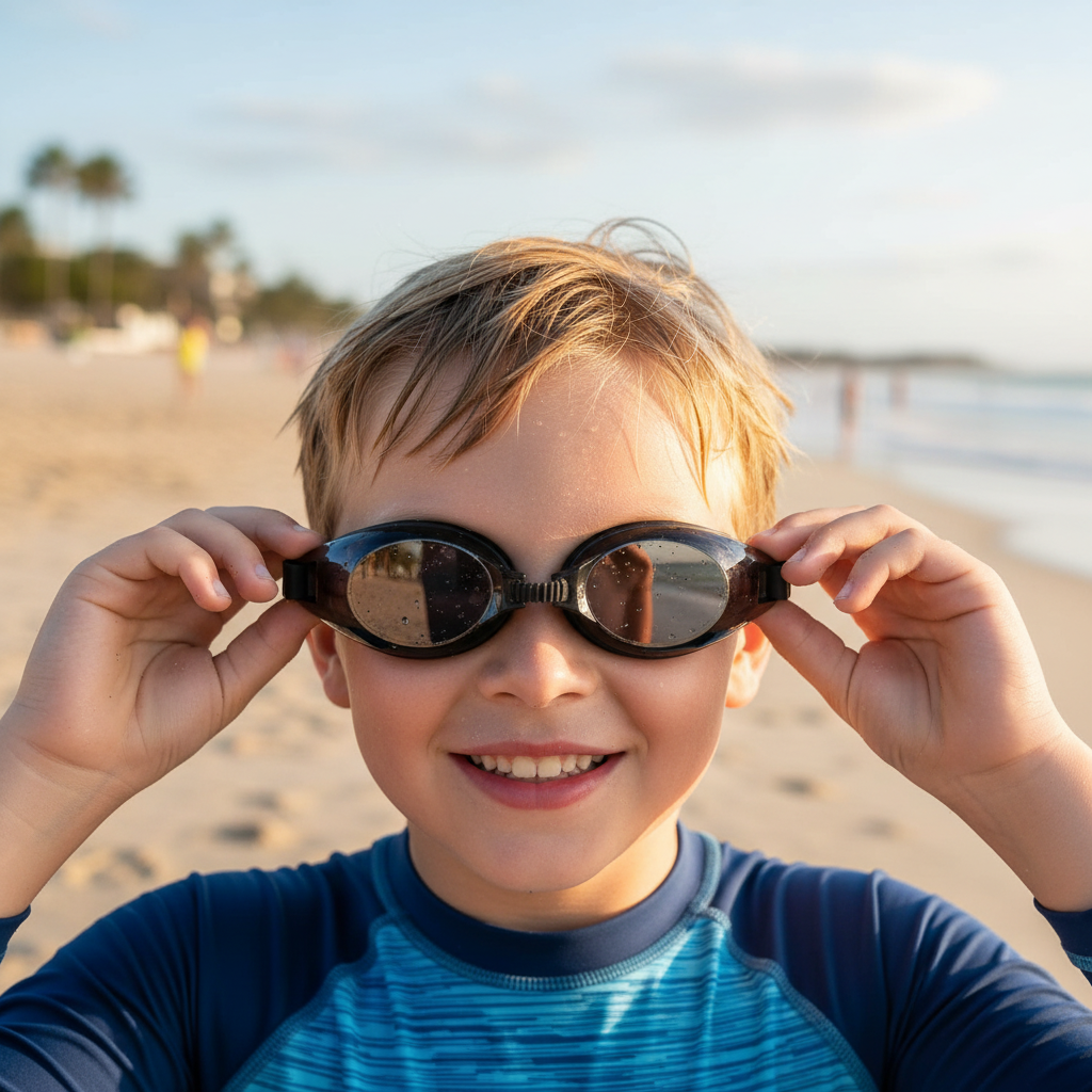 Boy holding black kids swim goggles with mirrored lenses, Jack Gifts Online Lebanon
