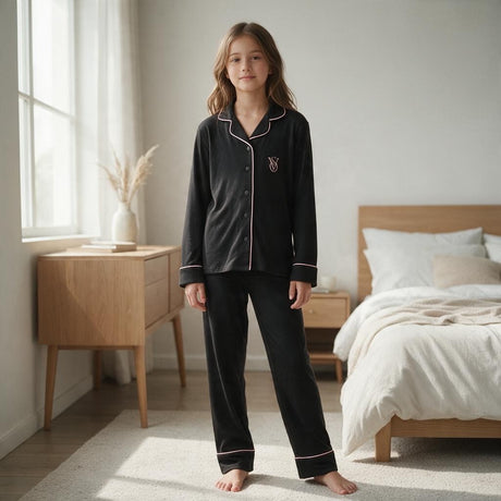 Girl standing barefoot in a black velvet pyjama set with pink piping beside a bed