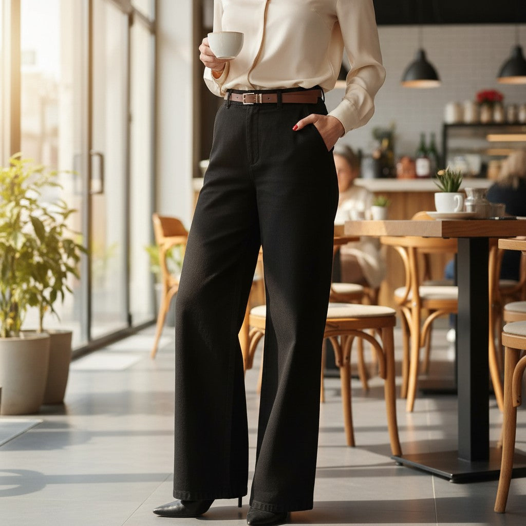 Person wearing a white blouse and black pants in a modern cafe setting